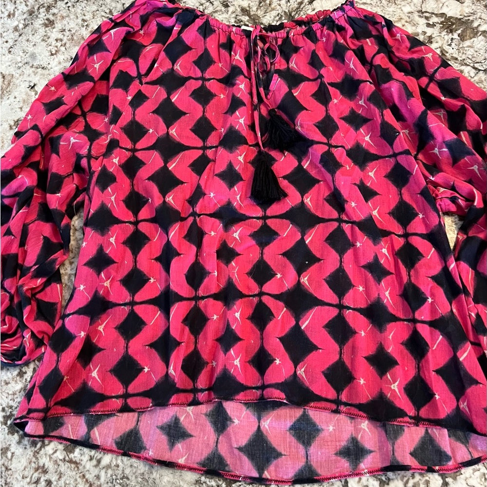 L Sundance Pink Black Top Blouse Large Boho Bohemian Shirt Womens Embroidered